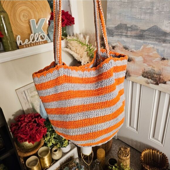 Orange & Grey Crochet Tote Bag by Kat. Man.Doo – Made in Nepal – Cotton – Small - Picture 1 of 14